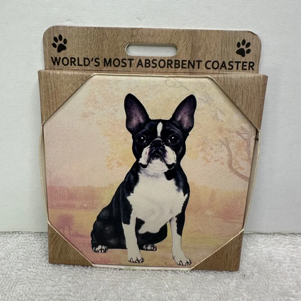 E&S Pets Boston Terrier Absorbent Stone Coaster Cork Backed Dog Lover Gift NEW